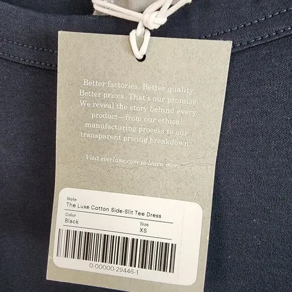 Everlane The Luxe Cotton Side Slit Tee Dress XS Black NWT Midi Short Sleeve New - Picture 6 of 12